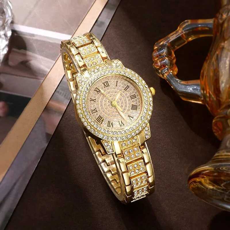 Golden Women Ring Necklace Earrings Rhinestone Fashion Wrist Female Casual Ladies es Bracelet Set ClockXJ251021
