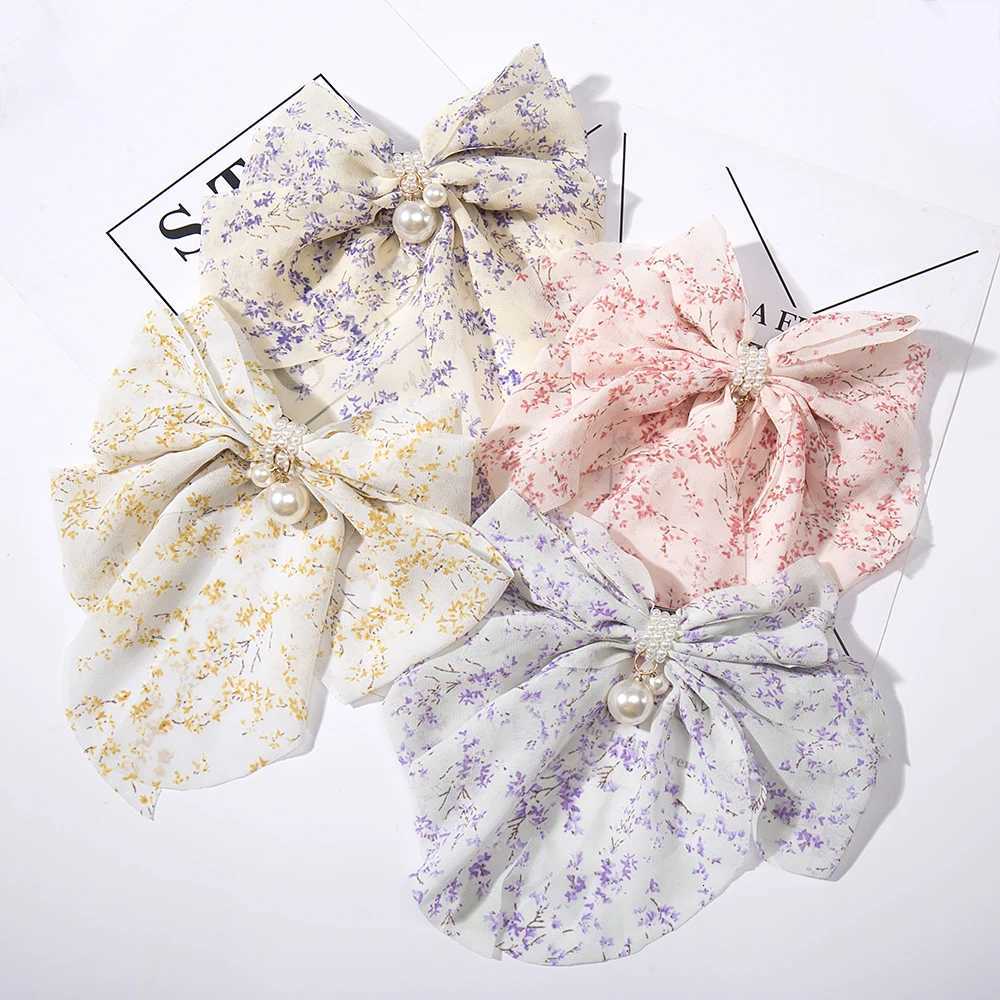 Ladies Bow Hair Accessories Fashion Hairgrip Chiffon Ribbon Hairpins Spring Ponytail Barrettes Pearls Women Girls Hair Clips TieW254021