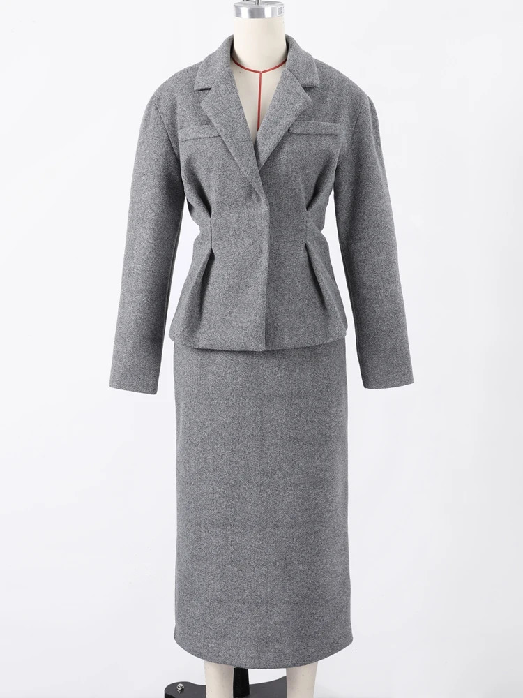Casual Woolen Pleated Coat Skirts Sets Women Slim Long Sleeve Covered Button Jacket Hip Package Skirt 2025 Lady Office Outfits 251013