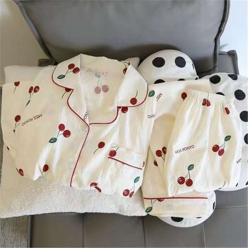 Little Cherry Pajamas for Women Spring and Autumn Sleeve Long Pants Cardigan Ins Style Loose Comfortable Thin Homewear Set