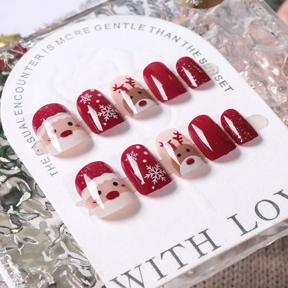 24Pcs Red Christmas Fake Nails Cute Santa Claus Reindeer Snowflake s Artificial Nails Glossy Short Oval Press On Nails 251014