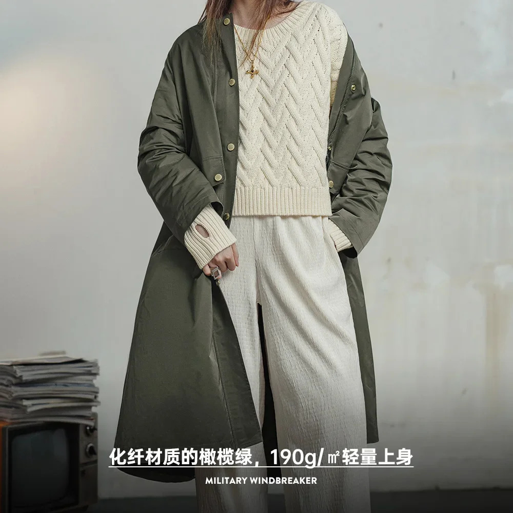 Maden Womens Olive Green Trench Coat Midlength Loose Fit Zipup Casual Solid Overcoat with Belt Windbreaker Spring Autumn 251017