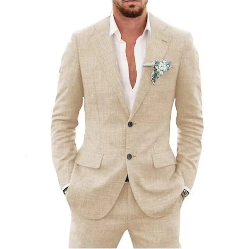 Custom Slim Fit BeigeBlue Linen Suits for Men 2 Piece Notch Lapel Wedding Tuxedo Set Groom Blazer Pants Prom Party 251021