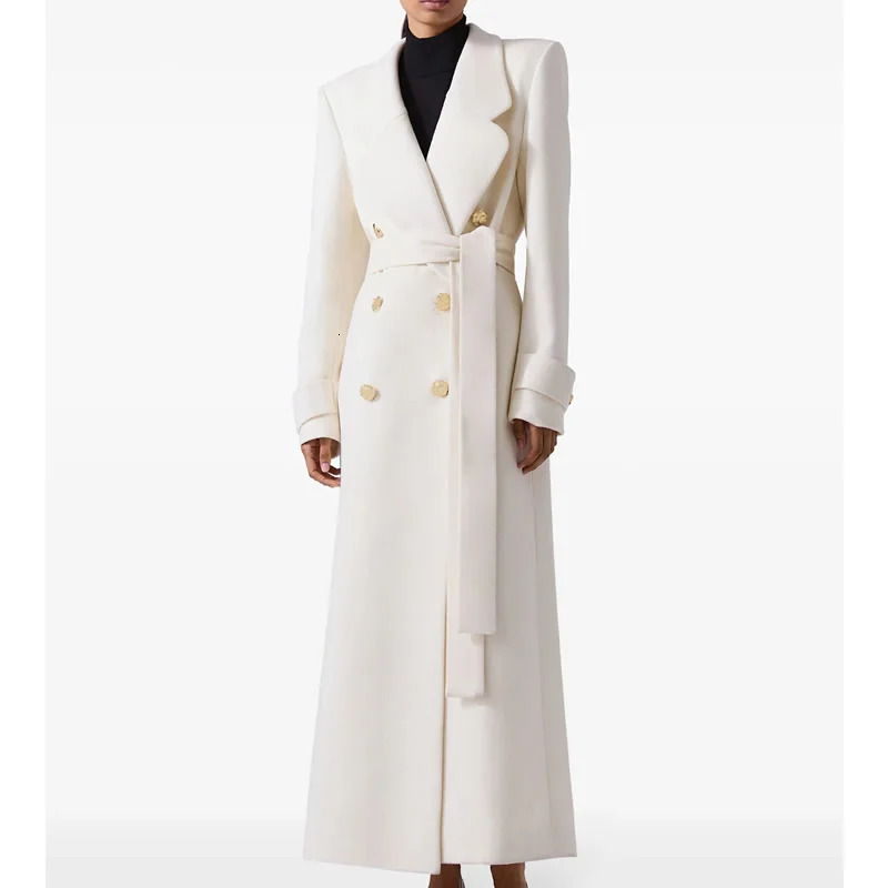 Winter Warm Women Woolen Coat Fashion White TurnDown Collar Long Wool Coat With Belt 251017
