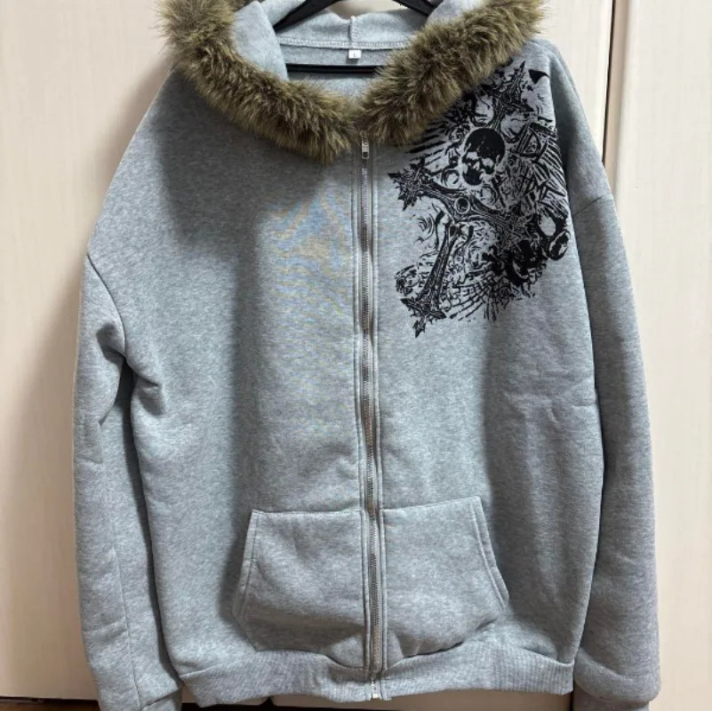 Harajuku Y2K Fur Collar Fleece Thickened Zipper Hoodie Women Street Casual Loose Warm Sweatshirt Unisex Trend Joker 251017