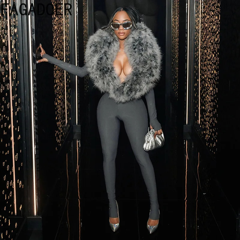 FAGADOER Sexy Fur Patchwork Jumpsuits Women Solid Color Deep Vneck Long Sleeve One Piece Rompers Female Party Clubwear Overalls 251020