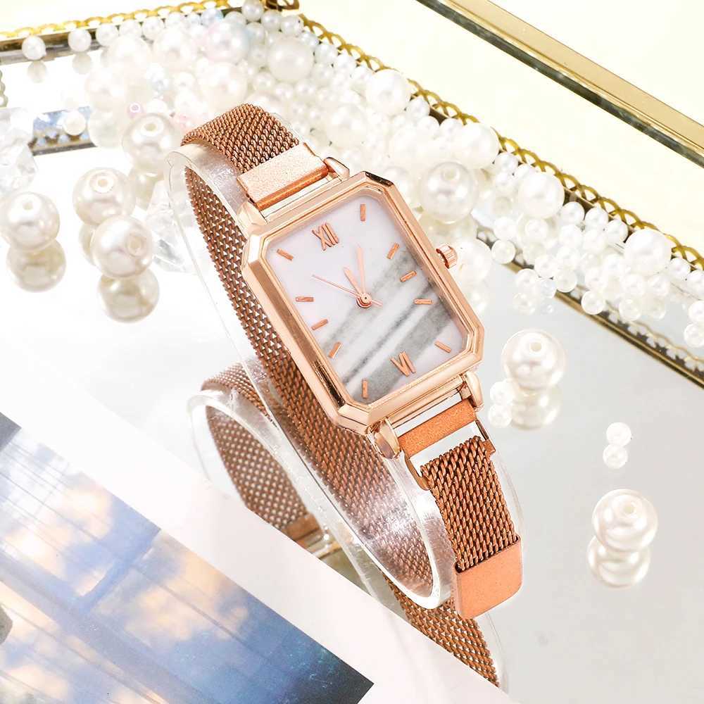 Women es Fashion Square Ladies Quartz Bracelet Set Green Dial Simple Rose Gold Mesh Luxury Women esXJ251021