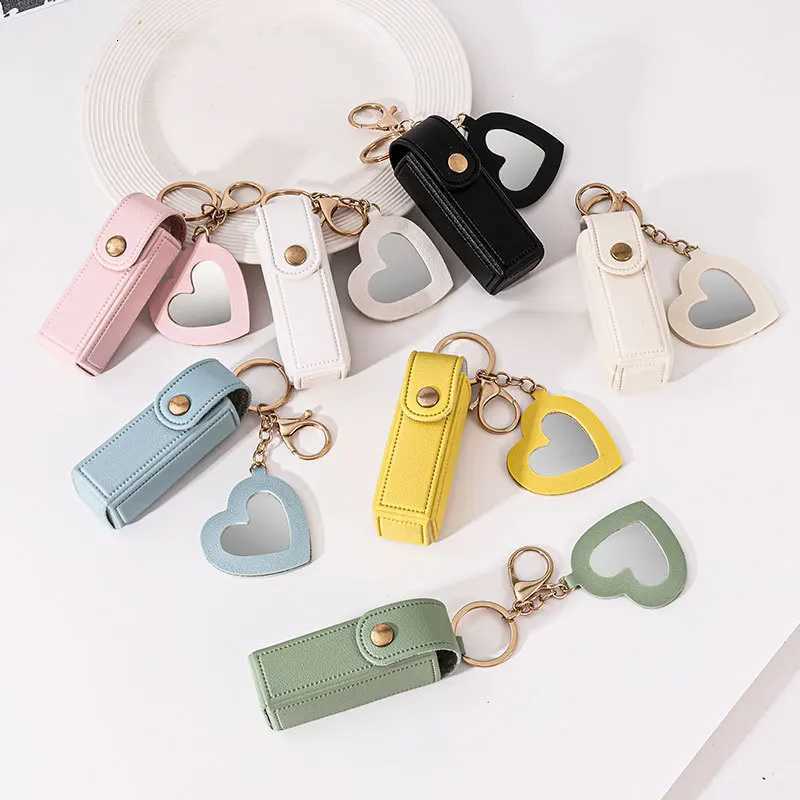 New Portable Lipstick Bag Packet Heart Mirror Keychain Mini Leather Key Chain Ring Small Versatile Keyring Gifts for Girlfriend W251021