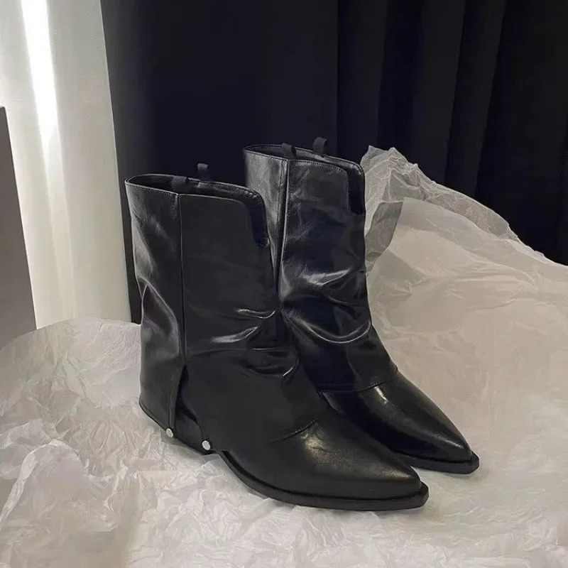 Shoes Female Ankle Womens Boots Retro Modern Boots Women Pointed Toe Slip on Square Heel Shoes Women ZapatosMujer 251021