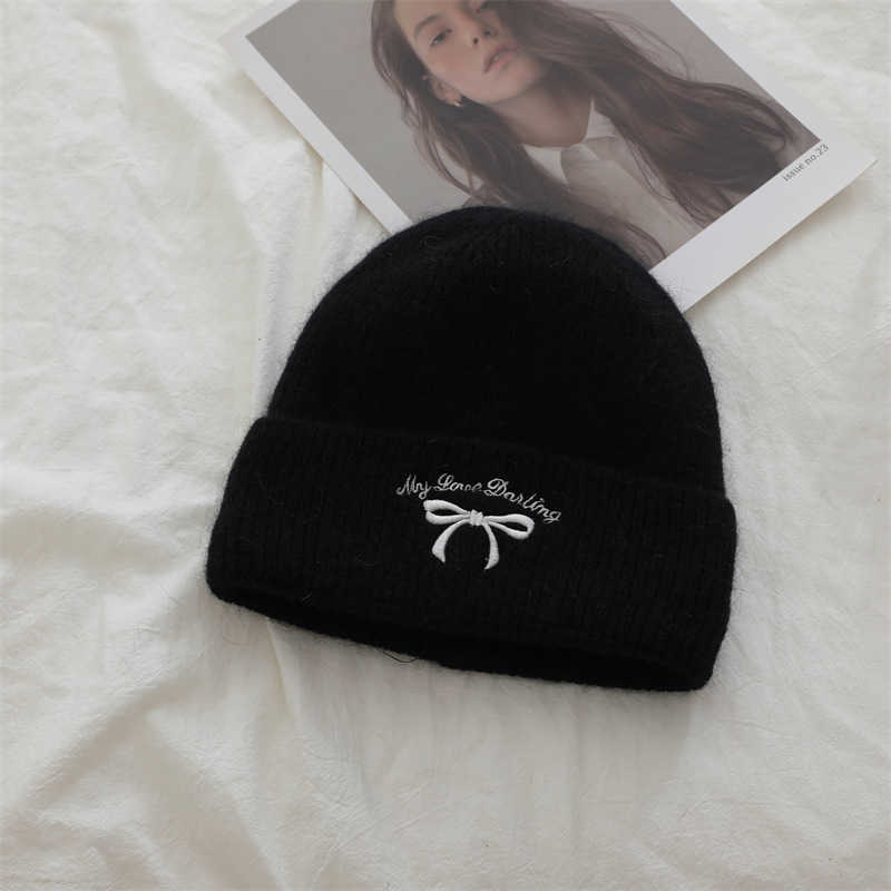 Style Bowknot Knitted Embroidered Hat Unisex Warm Rabbit Fur Yarn Hat for Women H251020