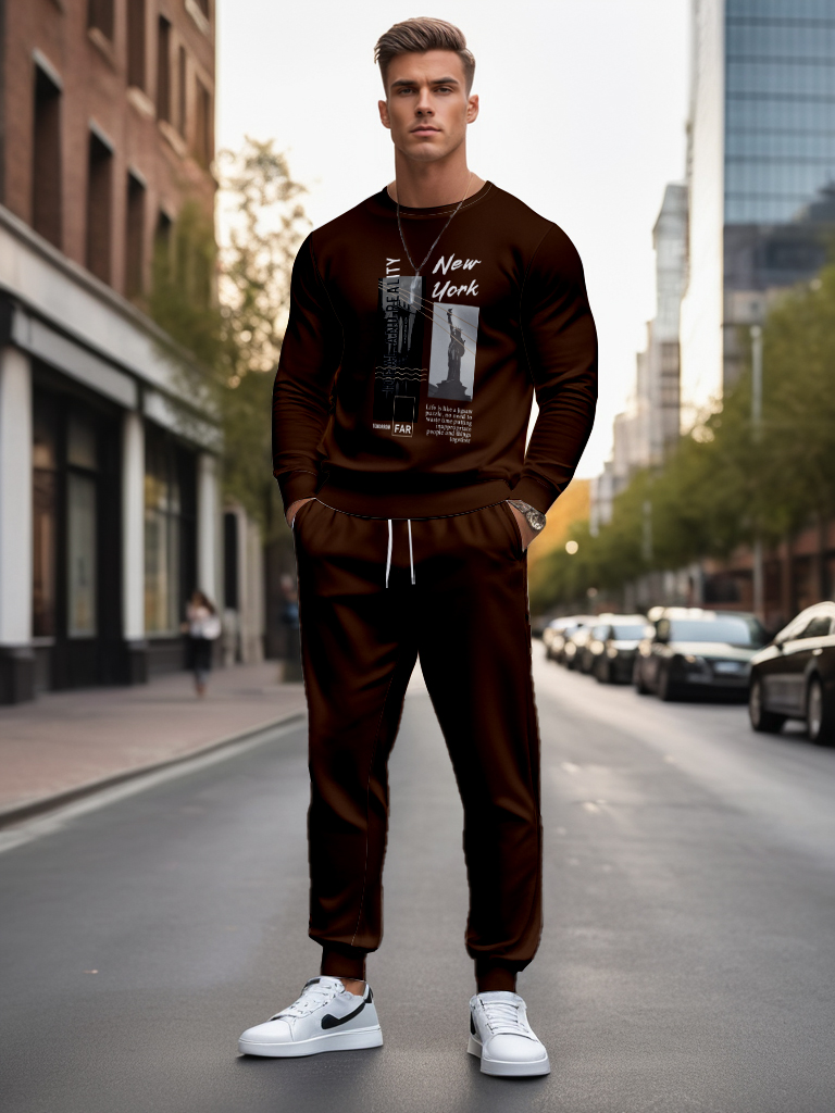 Men's Round Neck Sweatshirt Comfortable Cotton Blend Long Sleeve Ankle-Length Outdoor Casual Knitted Fabric Brown Color - YLWY00110