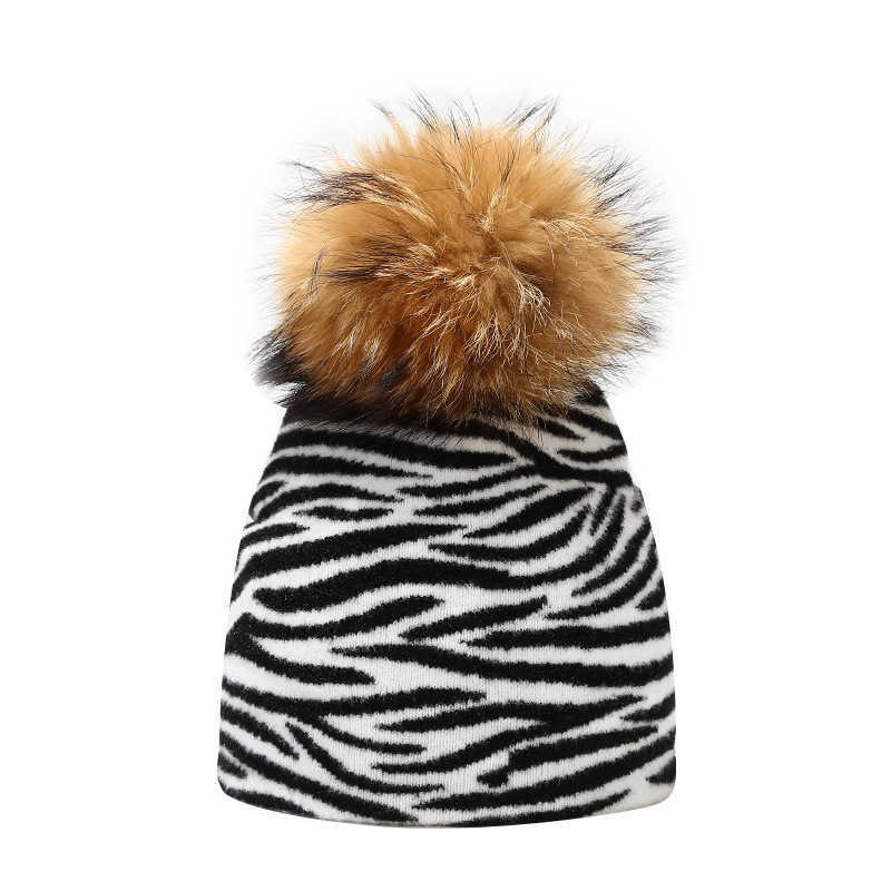 Cow Leopard Pattern Knitted Hat Womens Outdoor Warm Real Wool Ball Knitted Hat Autumn and Winter H251020
