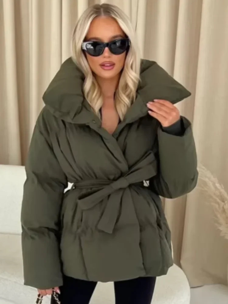 Solid Lapel Lace Up Cotton Coat Women Fashion Long Sleeve Warm Loose Pocket Short Coats Lady Winter Commute Street Outwears 251021