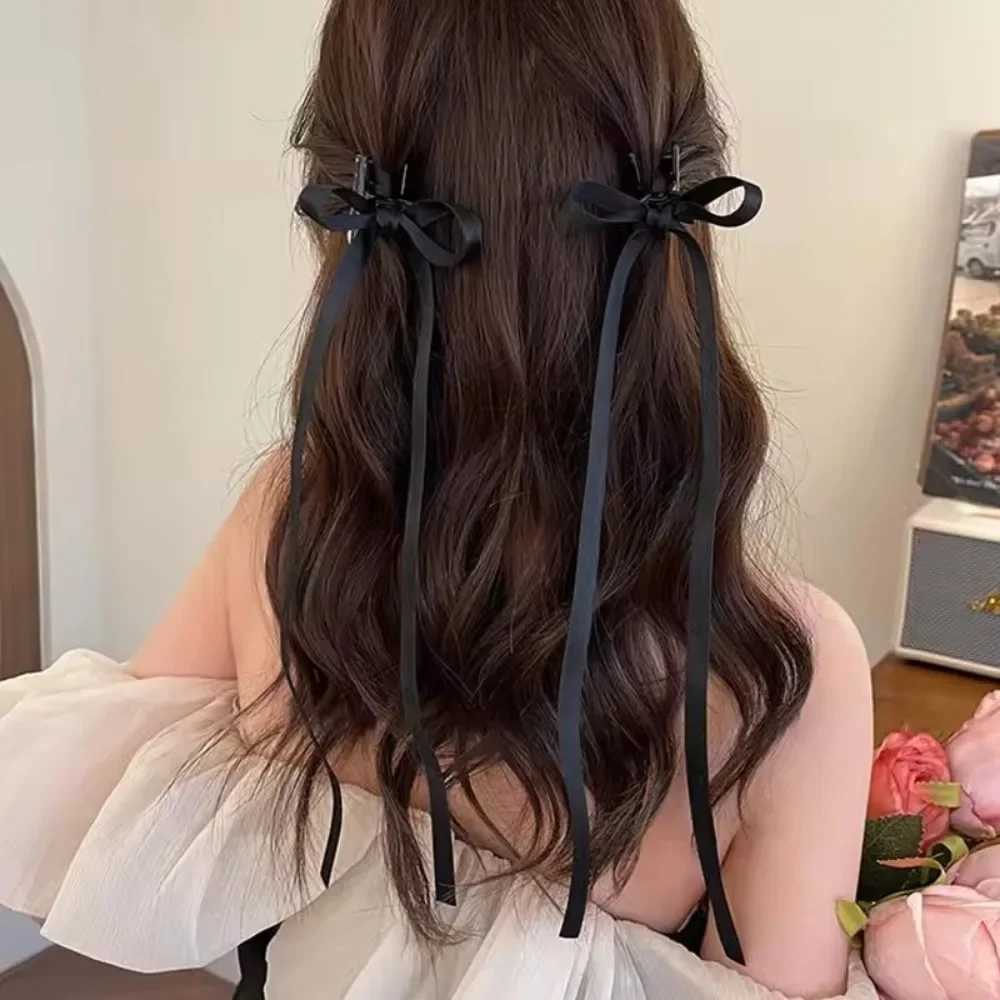 2Pcs Y2K Long Bow Hair Clip Women Girls Ribbon Bow Shark Clip Cute Korean Long Tassel Ribbon Hairpin Girls Hair AccessoriesW254021