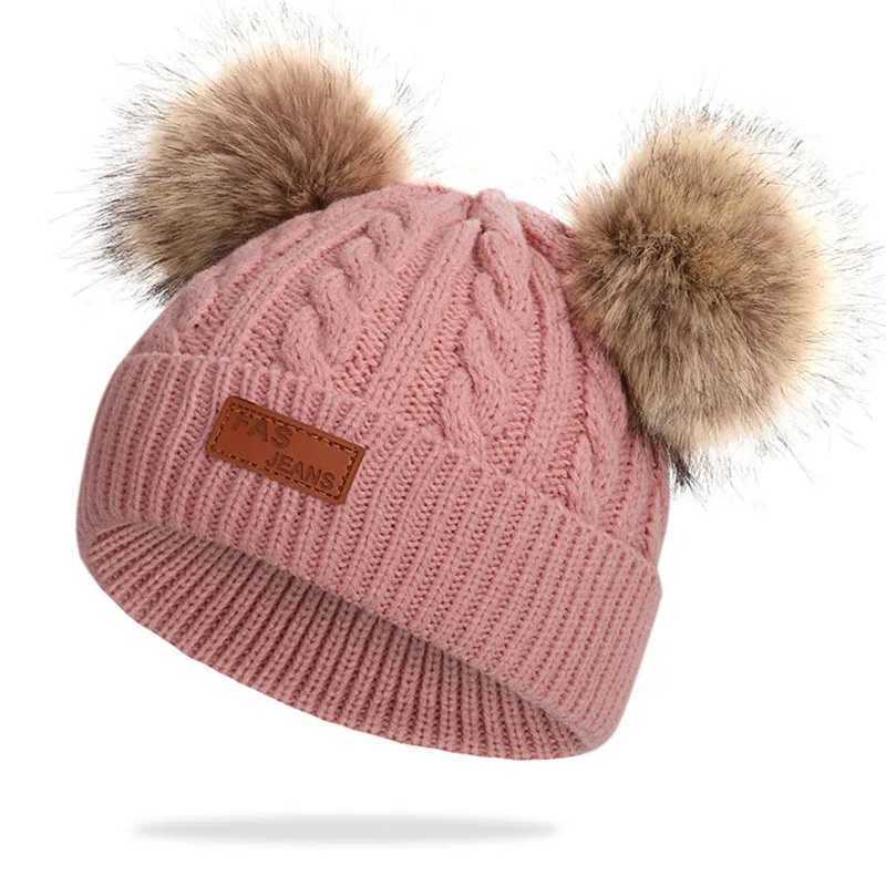 Cute Double Wool Pompom Baby Hat Children Cap Warm Autumn Winter Hats For Kids Boys Girls Knitted Warmer Beanie Caps Bonnet J2510211