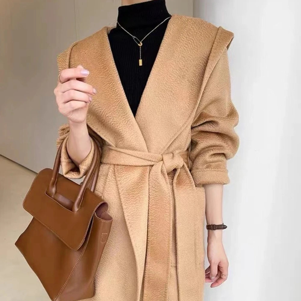 Autumn Wool Jacket Hooded Woolen Coat Women Water Ripple Cashmere Coat Female Casual Laceup Loose Wool Coat Classic 251017