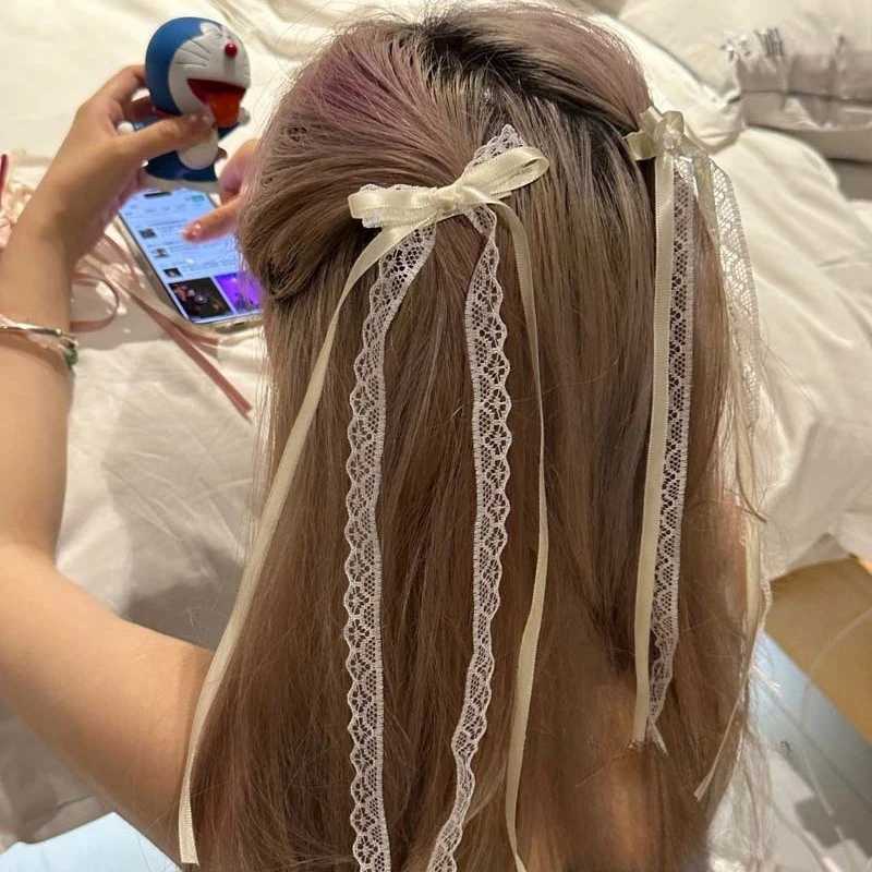 2pcs Korean Lace Bow Hair Clip Trend Long Ribbon Hairpins Barrettes Headband for Women Girl Hair Accessories Wedding JewelryW254021