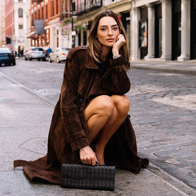 Autumn Retro Suede Dark Brown Lace Up Overcoat Women Casual Simple Elegant Long Coats 2025 Fashion Female Streetwear 251013