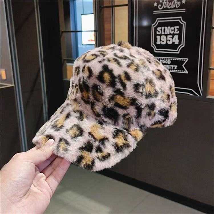 Thickened Warm Fashionable Plush Hard Top Wide Brim Baseball Cap Autumn Winter Lamb Wool Leopard Print Duckbill Cap H251020