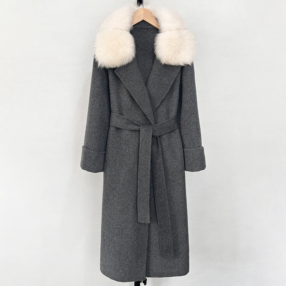 Real Fox Fur Collar Wool Jacket Elegant Woolen Coat Female Autumn Wool Blend Coat Fashion Warm Winter Doublesided Cashmere 251017