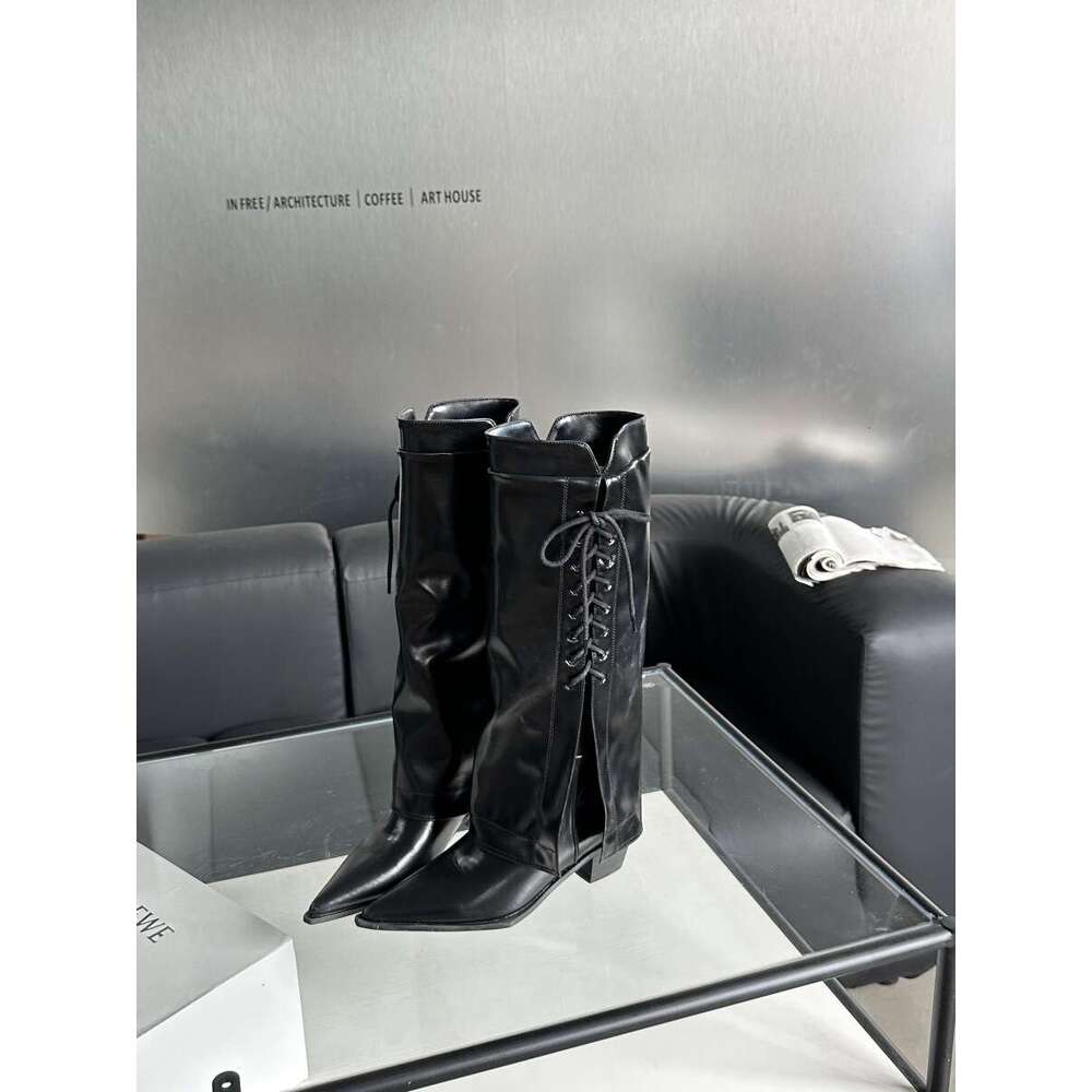 Pointed Toe Chunky High Heel Long 2025 Autumn Winter New Denim Lace-up Cuff Designer Shoe Niche Fashion Boots for Women