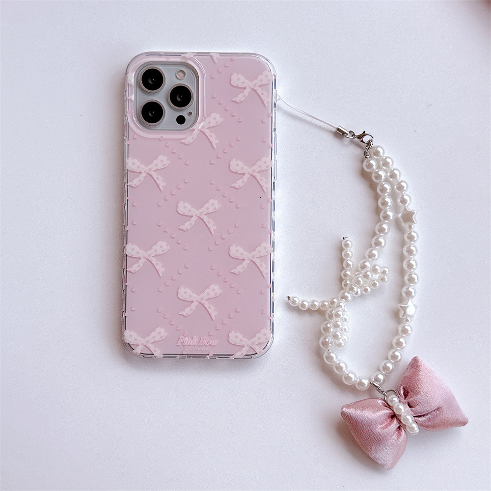 for iPhone 17/16 Case, with Hand Wrist Strap Lanyard, Bow Case , Wireless Slim Clear Ribbon Protective Phone Cover with Charm for Women Girl - Pink