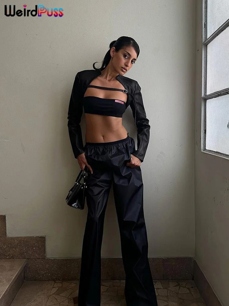 Weird Puss Extra Short Women JacketTube Tops Leather Stand Collar Chic Buckle Autumn Fashion Hipster High Street Y2K Crop 251021