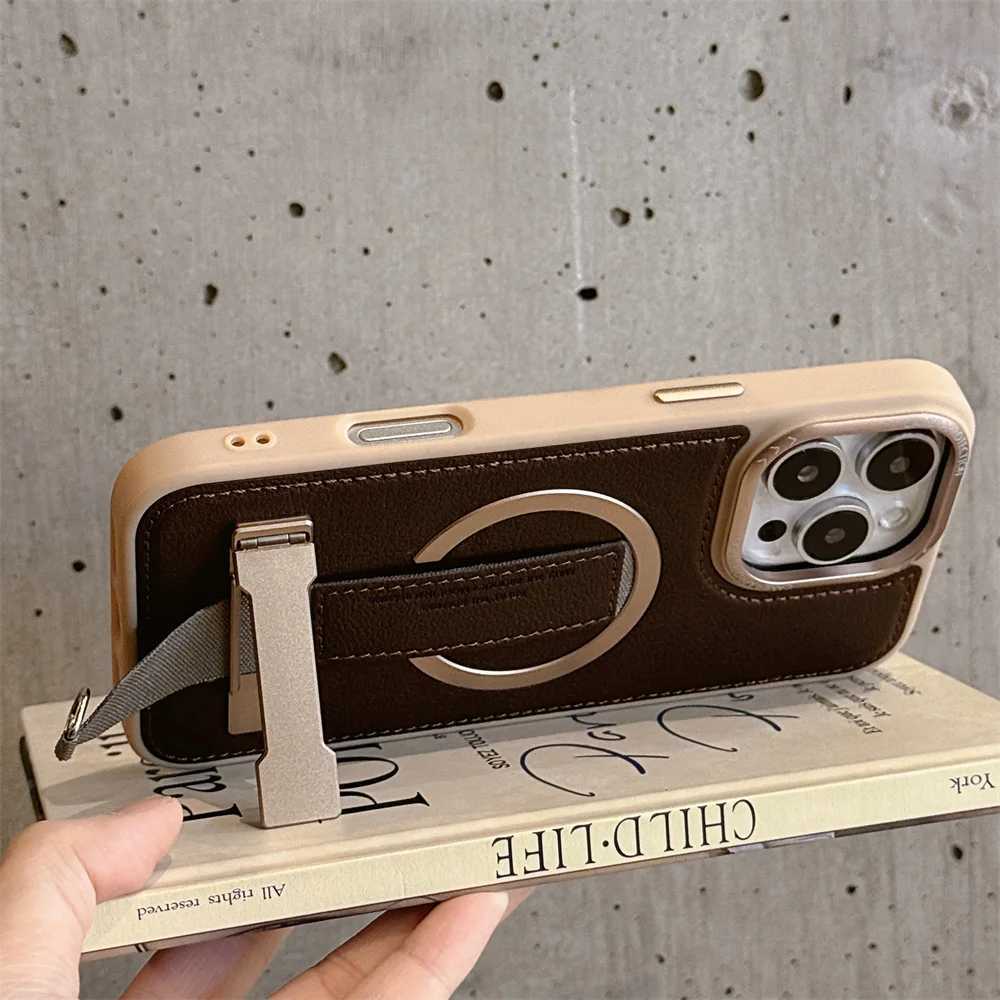 Crossbody Wrist Strap Rope Holder Phone Case for IPhone 16 Pro Max 15 14 13 Pro Magnetic Bracket Leather Protective Case J251114