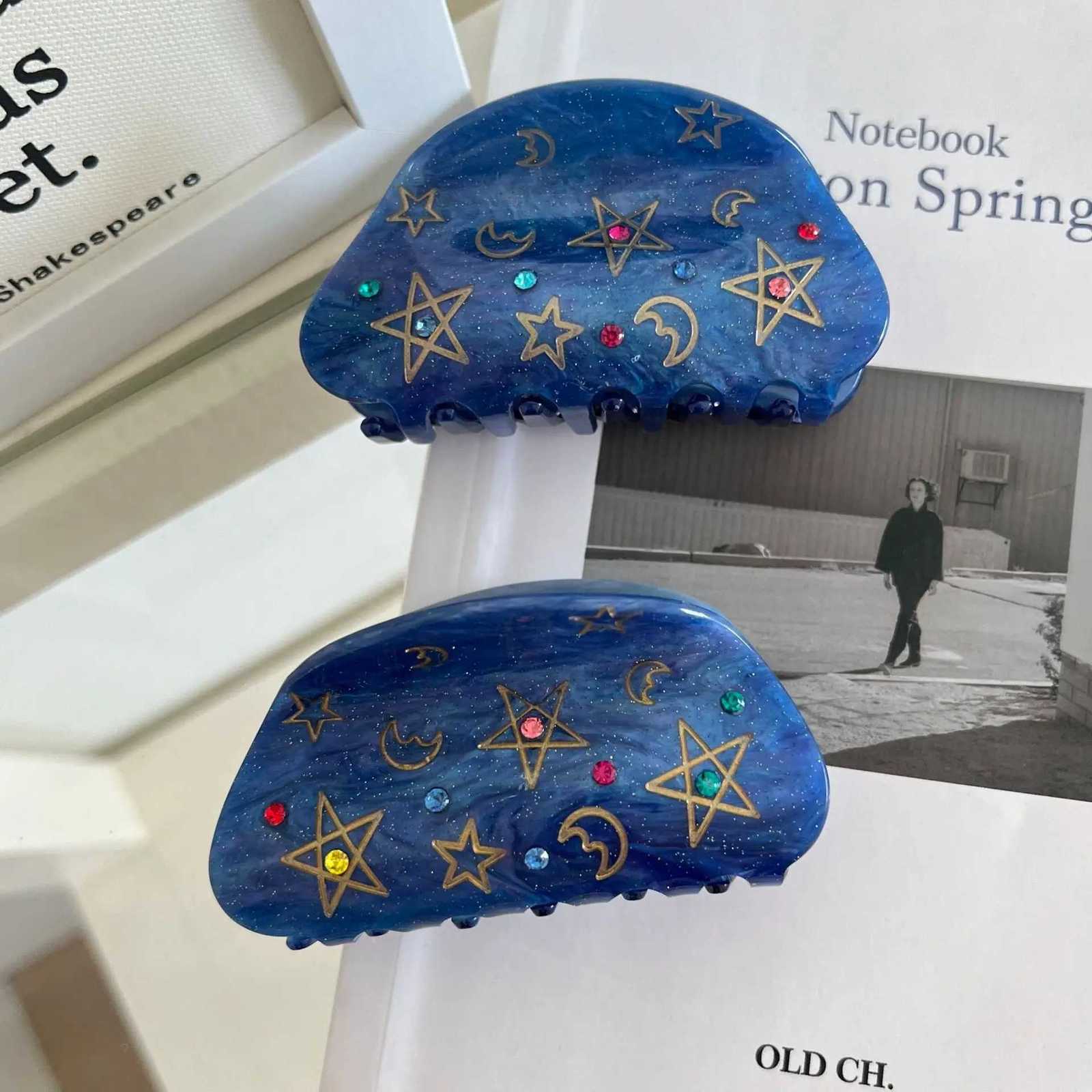 Ins Hot Sale Fashion Dazzling 8CM Moon Little Star Blue Hair Clip Exquisite Acrylic Shark Clip Hair Accessories For Woman GirlsW254021