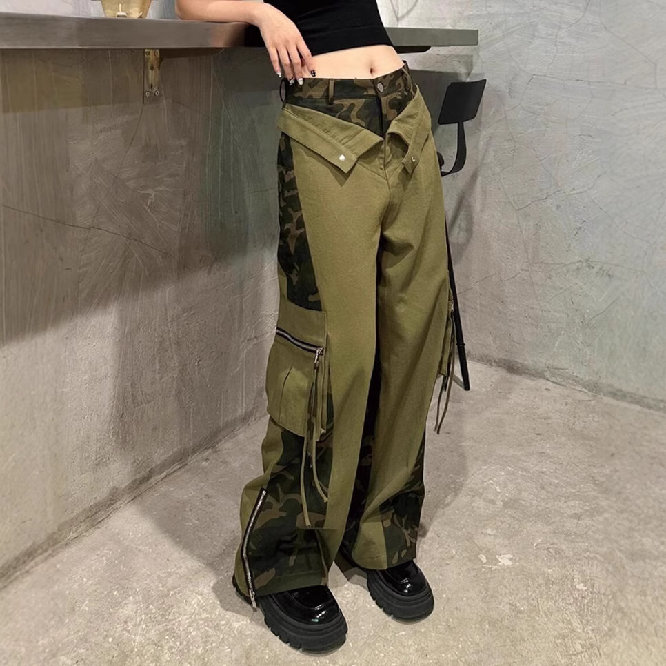 2025 American designer high waisted work pants fake two-piece set luxury pants patchwork leopard print jeans camouflage pants street hip-hop straight 