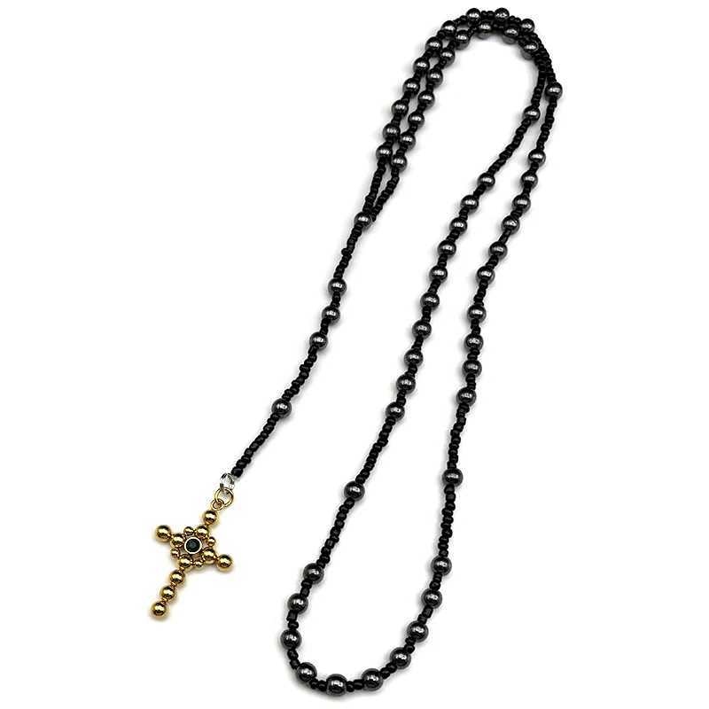 Cross Handmade Rosary Beads Necklace Women Men Stainless Steel Silver Color Religion Christian Faith Amulet Long Chain Jewelry XJ250717