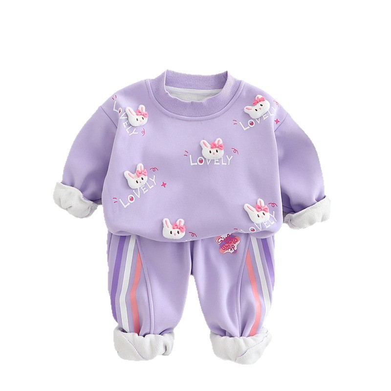 Free Shipping 2025 New Girls Fleece-Lined Sweatshirt Set 2-Piece, Korean Style Winter Outfit, Warm Hoodie & Joggers for Baby Girls