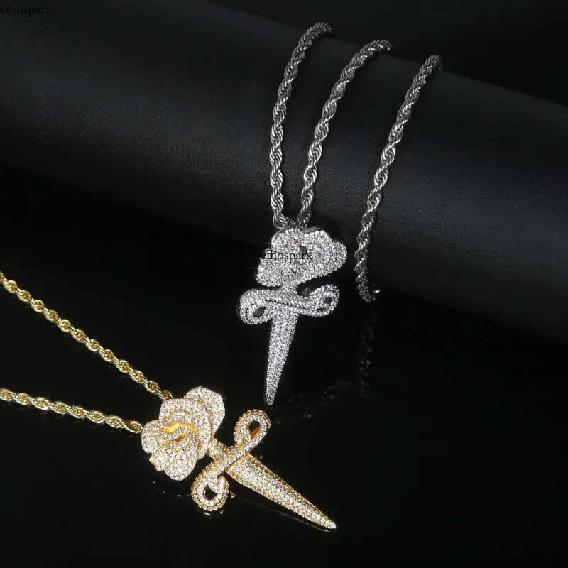 Hip Hop Rose Flower Cross Pendant Necklace 5A Zircon White Gold Plated Religious Jewelry