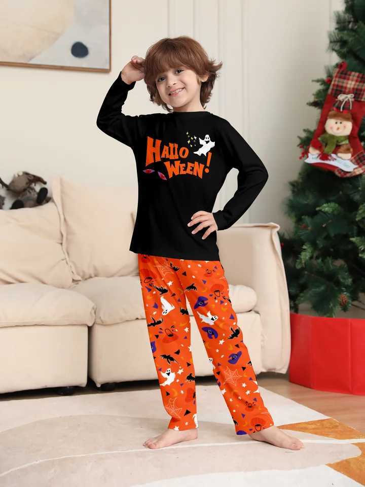 Parent Child Halloween Pajamas Set Black Tops Orange Pants HALLOWEEN Ghost Prints L251021XM2J