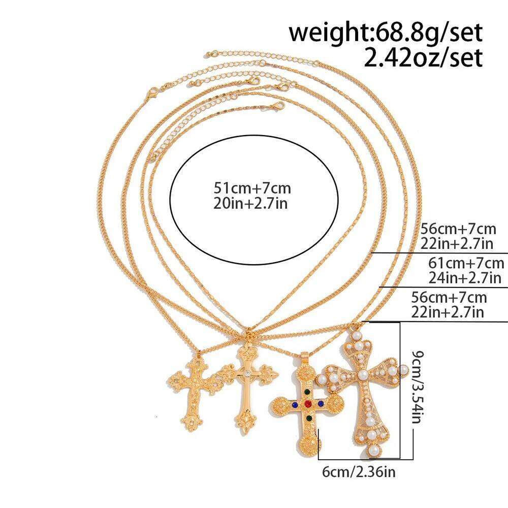 4Pcs/Set Zircon Cross Pendant Necklace Set For Women Vintage Adjustable Gold Color Long Chain Statement Y2k Jewelry