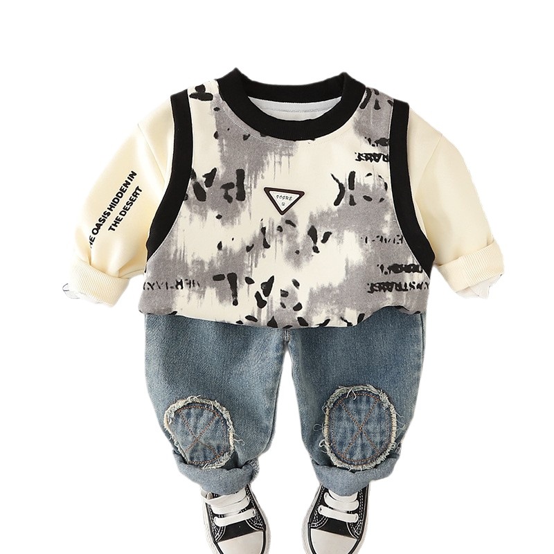 Free Shipping Warm Kids Clothing 2025 Trendy Kids Outfit with Layered Look, Fake Two-Piece Set for Boys & Girls, Stylish Spring Autumn Fashion