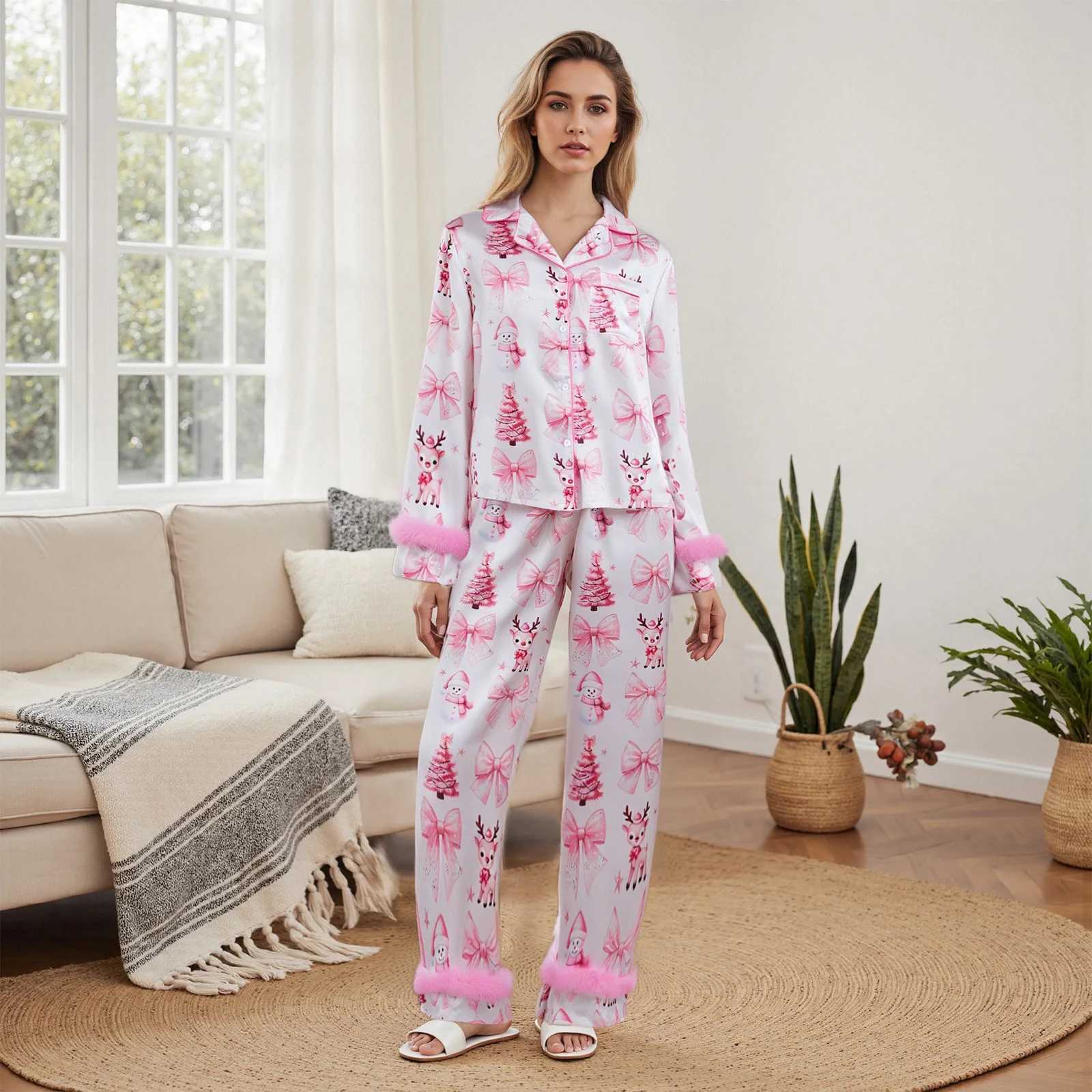 Mommy and Me Christmas Family Matching Pajamas Bow Deer Print Button Down Lapel Shirts Tops Pants Family Sleepwear L251021QVOV