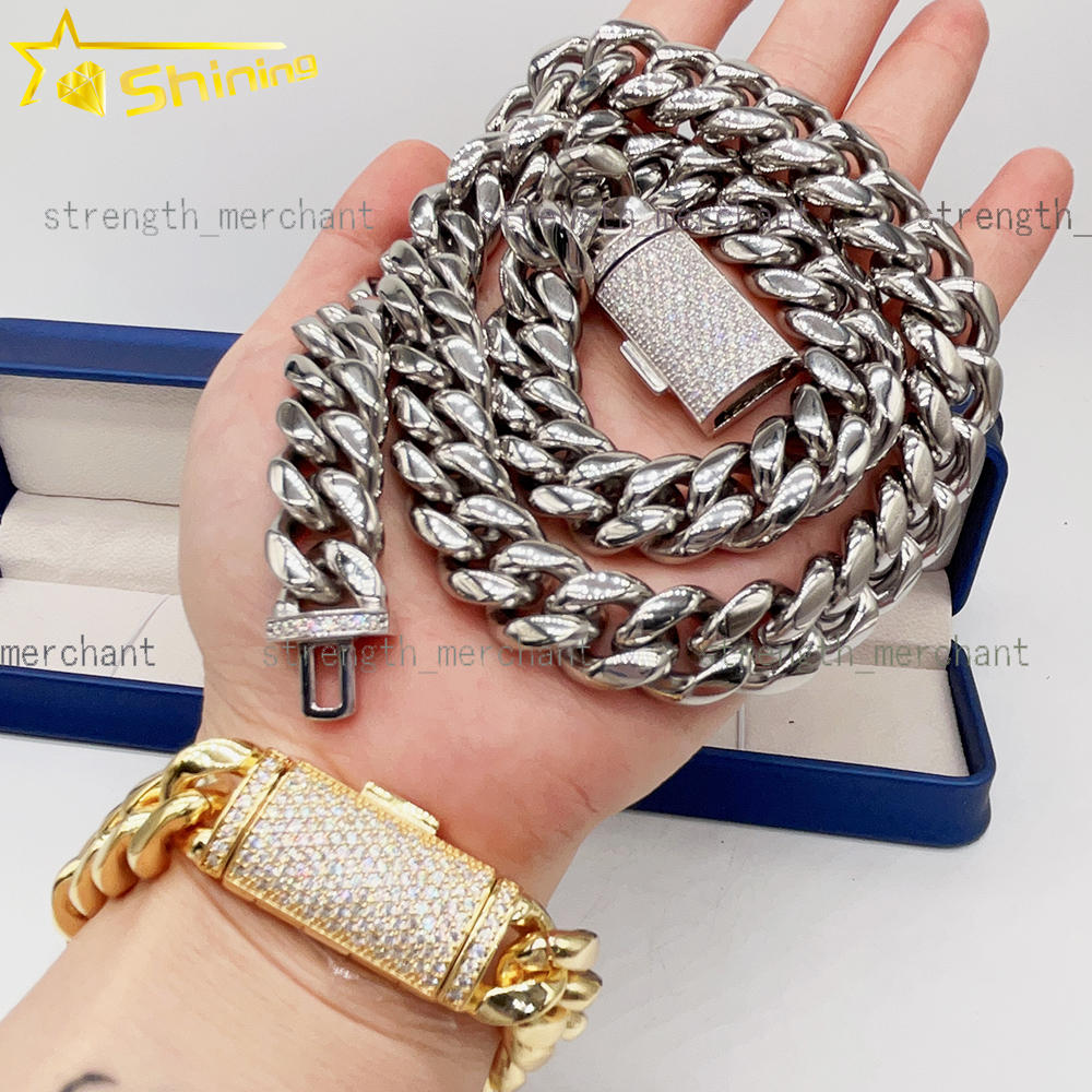 Hot Sale Stainless Steel Jewelry Necklace 925 Silver Iced Out Moissanite Box Lock 14mm Stainless Steel Cuban Link Chain