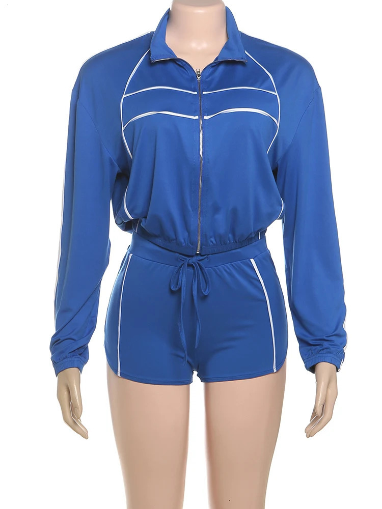 Nibber Fashion Casual Sporty 2 Piece Set Women Zipper Cardigan PoloNeck JacketDrawstring Skinny Shorts Daily Slim Tracksuits 2501021