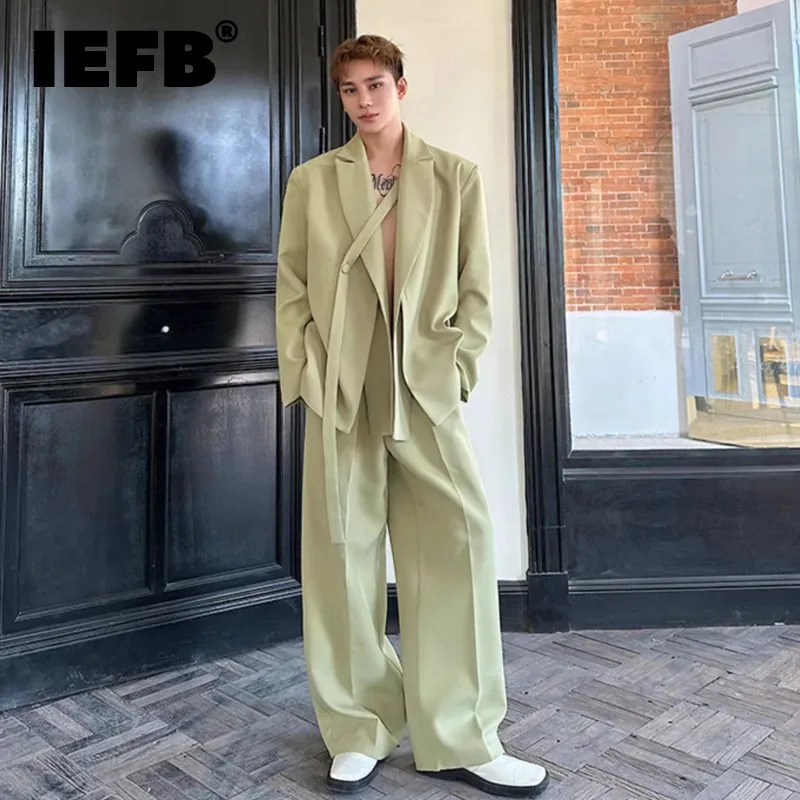 IEFB Niche Mens Twopiece Solid Color Double Layers Collar Laceup Blazer Casual Straight Leg Male Suit Pants Chic 9W679 251021