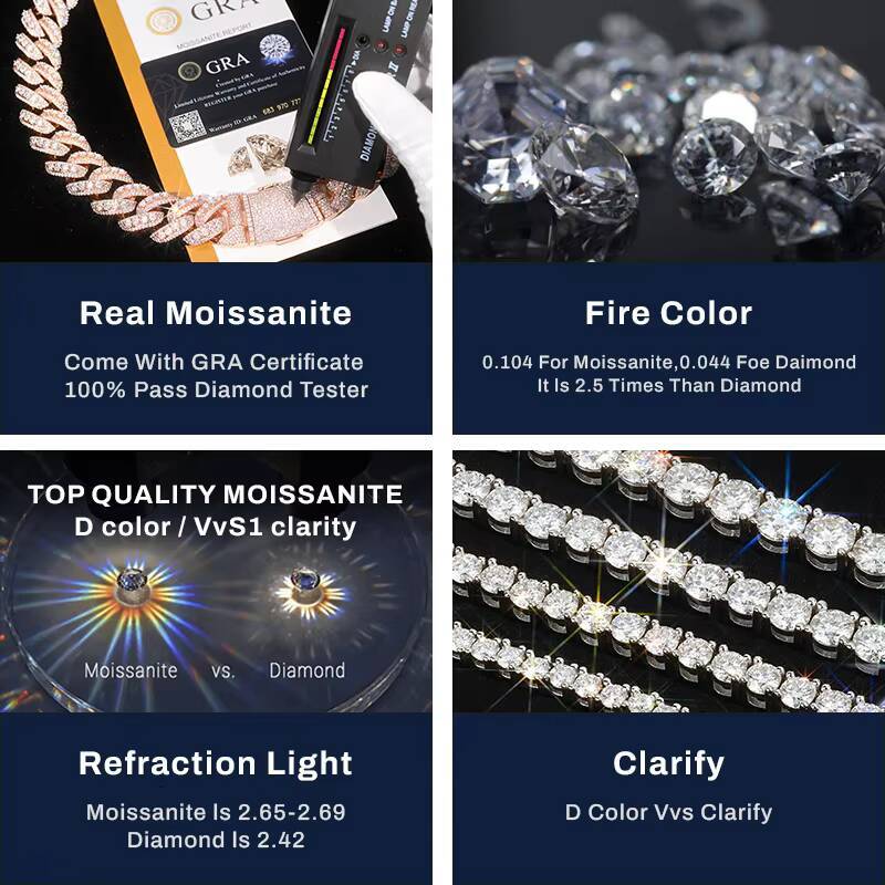 Luxury Mens Hip Hop Moissanite Jewelry 8mm 10mm 12mm Gold Plated Cuban Link Chain Past Diamond Test VVS Moissanite Necklace