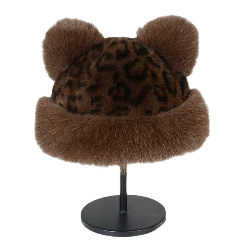 Pastoral Style Warm Fur Hat Leopard Print Bear Ears Cute Hat H251020