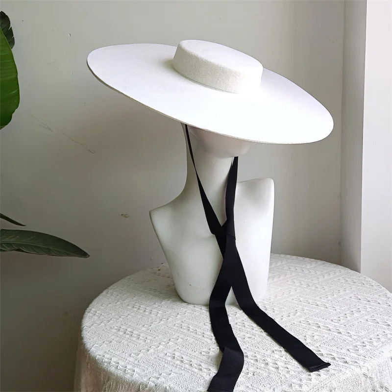 Black wheat wide brim wool flat top formal black ladies fedora stage performance felt hat winter bandage ladies fashion outdoor 251016