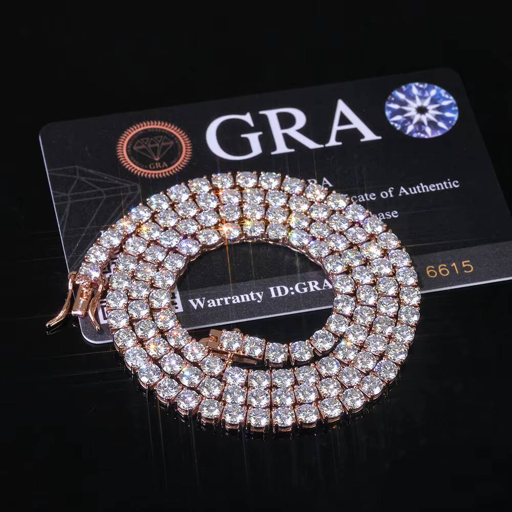 Sparkling VVS Moissanite Tennis Chain Necklace 925 Silver Rose Gold Plated Iced Out Round Cut Jewelry Gift for Women Anniversary