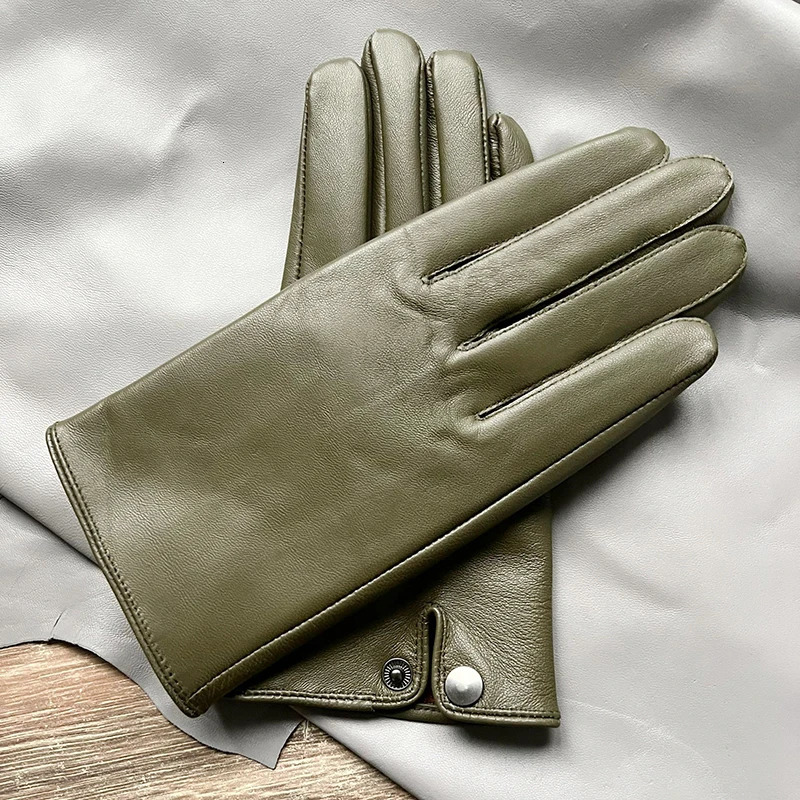 Mens Genuine leather gloves Elegant Army green Warm Gentleman sheepskin gloves in winter Wrist snap fastening 251020