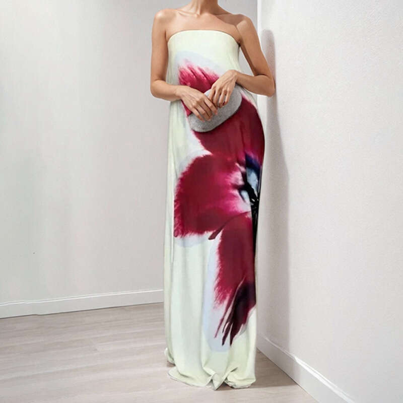 Women's Fashion 2025 Autumn New Elegant Temperament Strapless Flared Skirt Sexy Printed Long Dress