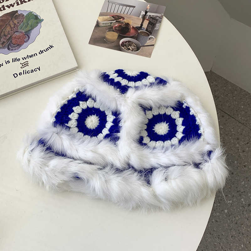 Rabbit Fur Lion Dance National Trend Knitted Hat for Women Cute Plush Fisherman Hat Fluffy Knitted Tiger Head Hat for Autumn and Winter H251020