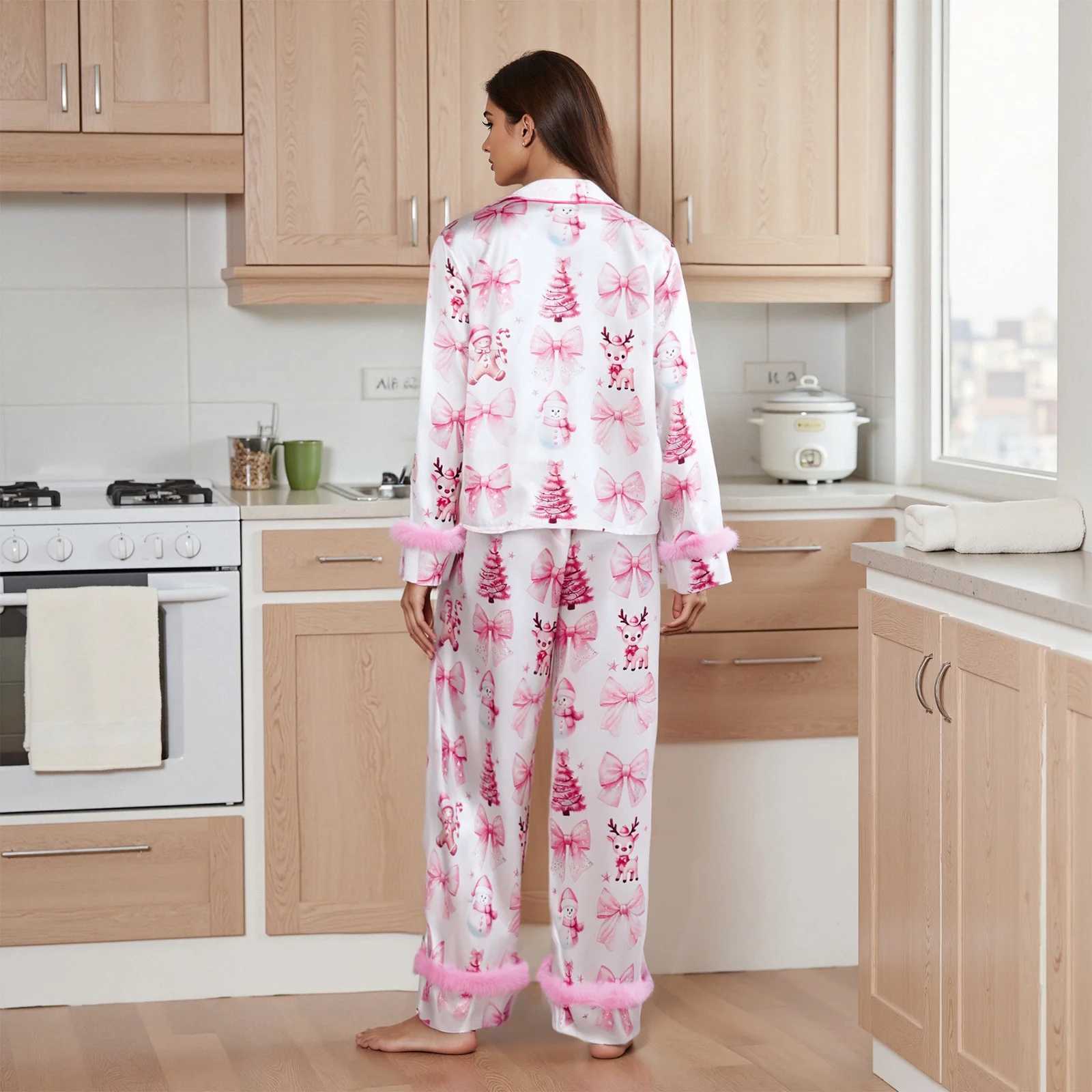 Mommy and Me Christmas Family Matching Pajamas Bow Deer Print Button Down Lapel Shirts Tops Pants Family Sleepwear L251021QVOV