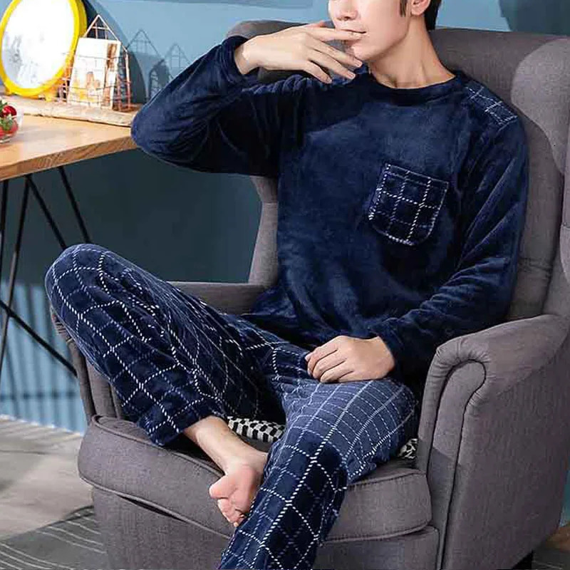 2pcsSet Fall And Winter Facecloth Mens Pajamas Padded Thickened Warm LongSleeved Teenagers Coral Fleece Homewear boy clothes 251021