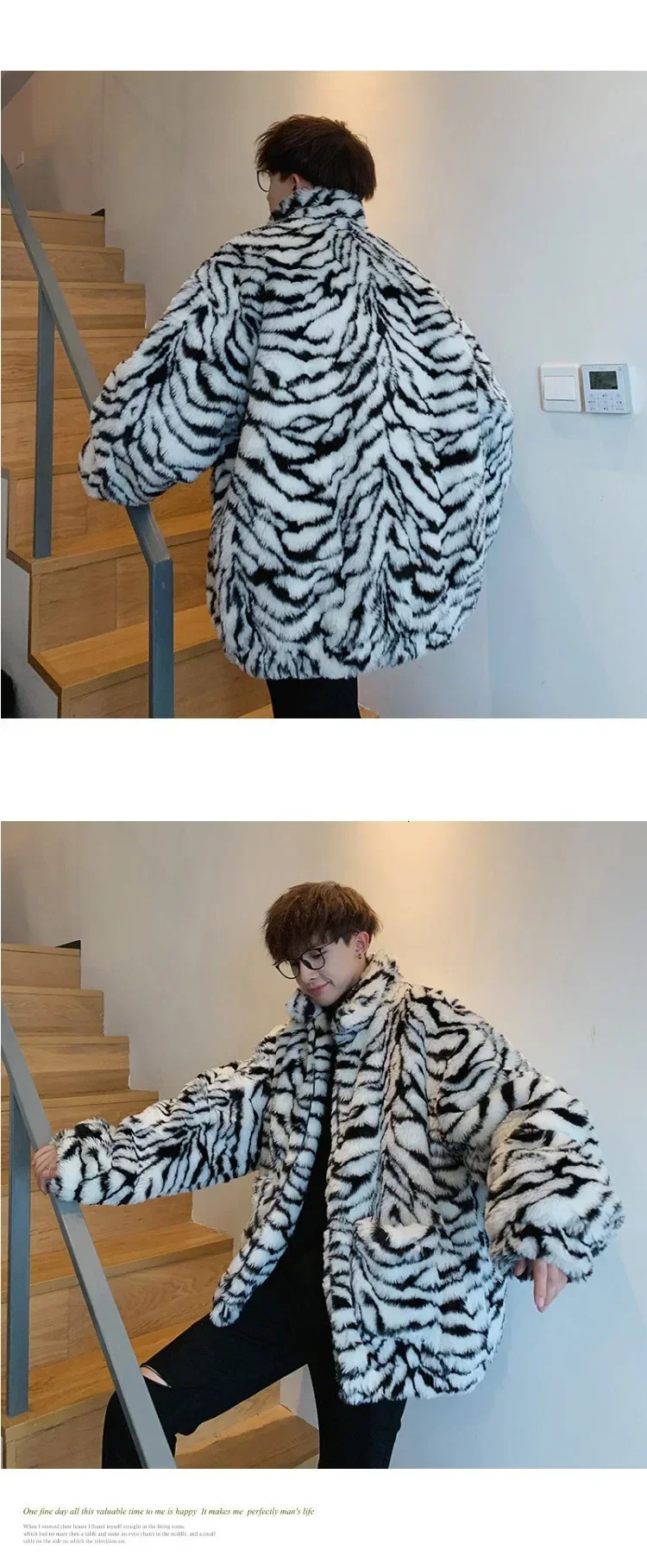 Tiger Stripes Printed Men Jacket Loose Fluffy Fur Leopard Print Long Sleeve Coat 251021